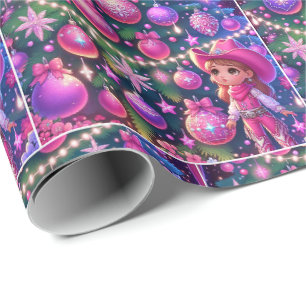 Kleine cowgirl staan voor boom kerst cadeaupapier