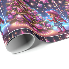 Kleine cowgirl staan voor boom kerst cadeaupapier