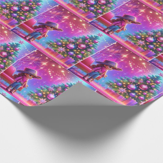 Kleine cowgirl staan voor boom kerst cadeaupapier (Hoek)