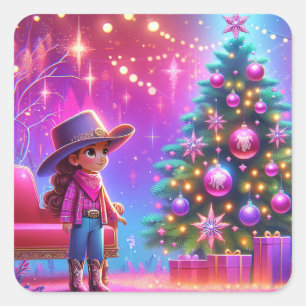 Kleine cowgirl staan voor boom kerst vierkante sticker