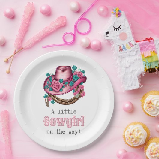 Kleine Cowgirl Western Roze Pet Bloemen Baby showe Papieren Bordje (Feest)