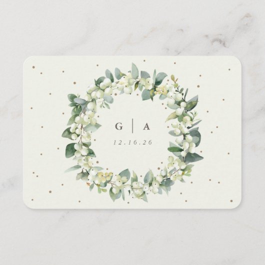 Kleine Crème Snowberry + Eucalyptus bruiloft detai Informatiekaartje (Achterkant)