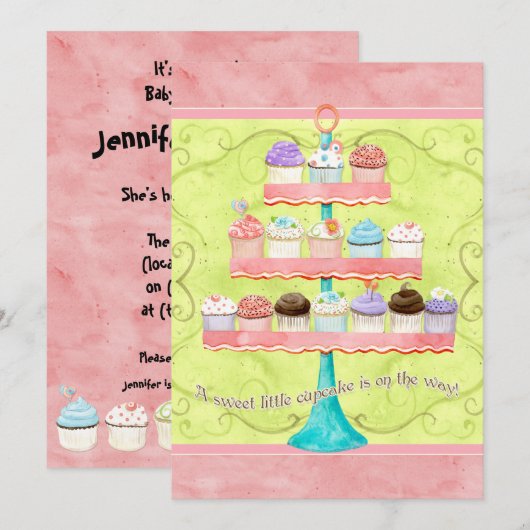 Kleine Cupcake, Baby Douche Uitnodigingen (Voorkant / Achterkant)