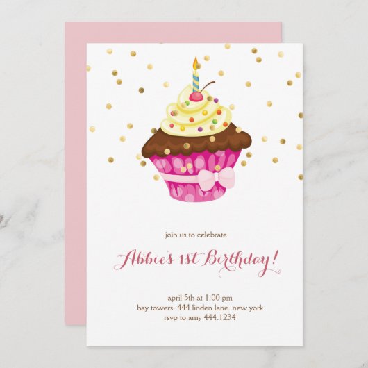 Kleine Cupcake Eerste Verjaardag Uitnodiging (Voorkant / Achterkant)