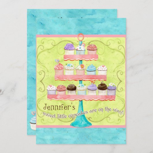 Kleine Cupcake, Tweeling Baby Douche Uitnodigingen (Voorkant / Achterkant)