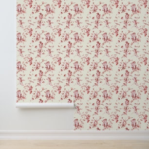 Kleine  Cupid Angels Bloemen Rood Ivoor Toile Behang