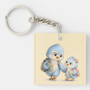 Kleine Cute Blauwe Vogel Broer en Zus Acryl Sleute Sleutelhanger