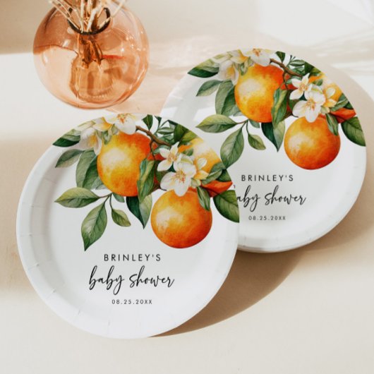 Kleine Cutie Baby shower Papier Bord Citrus Sinaas
