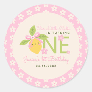 Kleine Cutie Citroenfruit Roze 1e Verjaardagsfeest Ronde Sticker