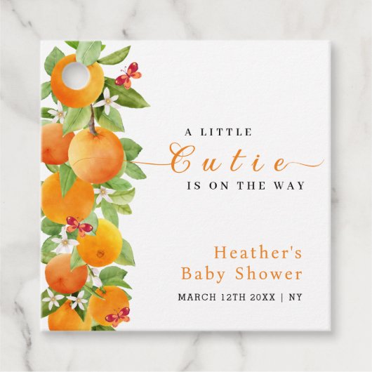 Kleine Cutie Citrus Sinaasappel Clementine Baby sh Bedankjes Labels (Voorkant)