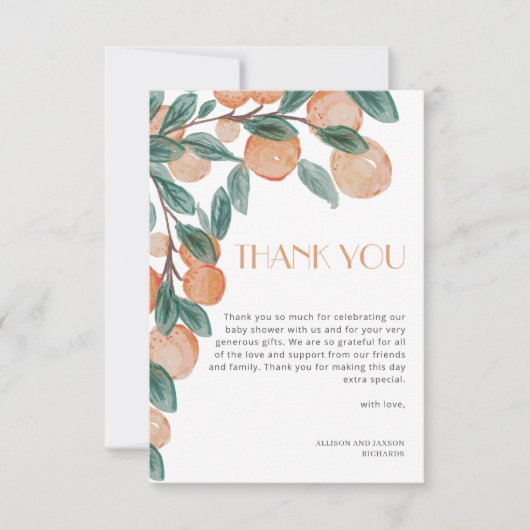 Kleine Cutie Citrus Sinaasappels Groene Blad Baby Bedankkaart (Voorkant)