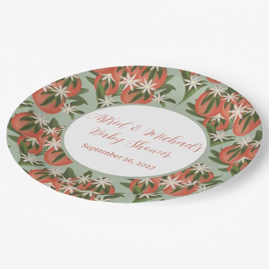 Kleine Cutie Clementine Sage Neutral Baby shower Papieren Bordje (Gekanteld)