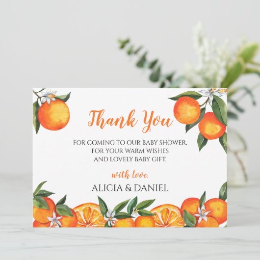 Kleine Cutie Clementine Sinaasappel Baby shower Bedankkaart (Staand voorkant)
