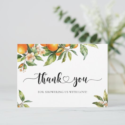 Kleine Cutie Groen Citrus Sinaasappel Baby shower Bedankkaart (Staand voorkant)