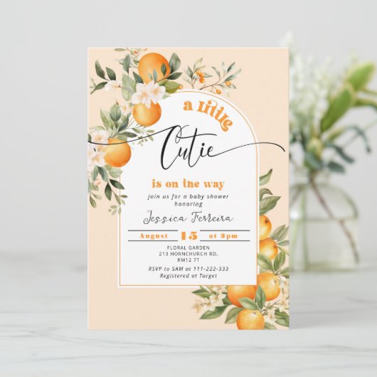 Kleine cutie is op de weg citrus baby shower kaart (Staand voorkant)