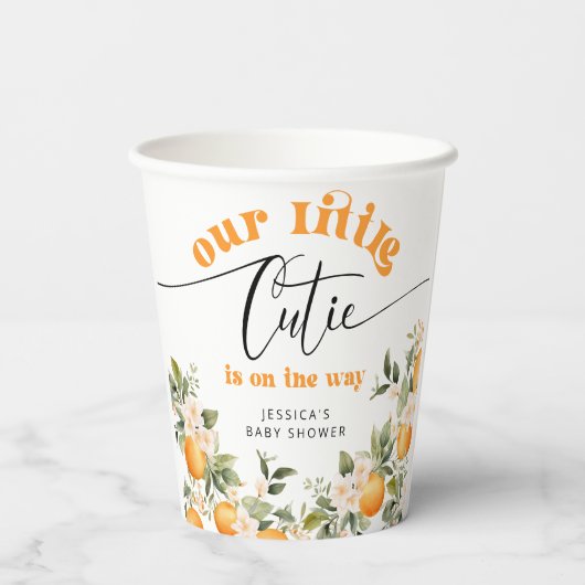 Kleine cutie op de weg baby shower sinaasappels papieren bekers (Achterkant)
