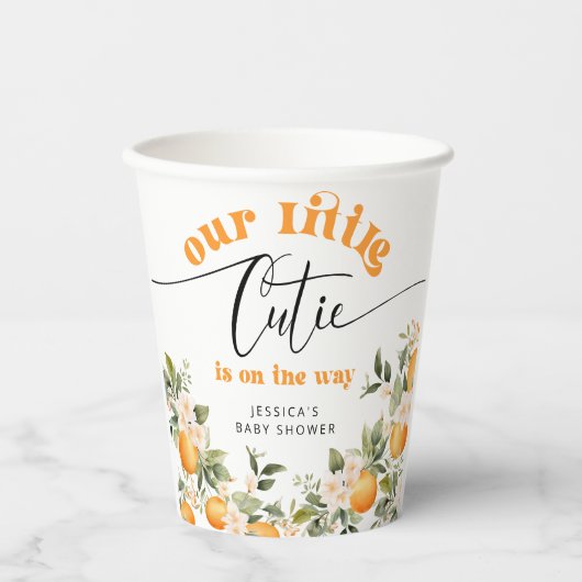 Kleine cutie op de weg baby shower sinaasappels papieren bekers (Voorkant)