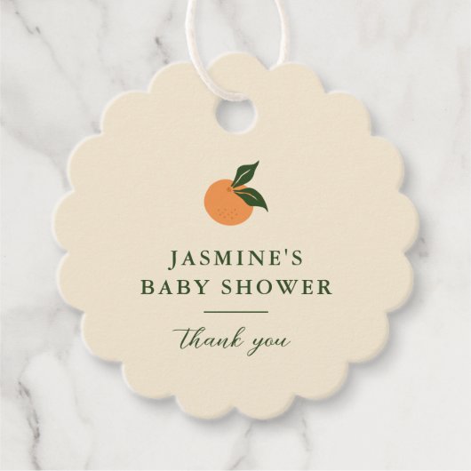 Kleine Cutie Oranje Citrus Baby shower Bedankjes Labels (Voorkant)