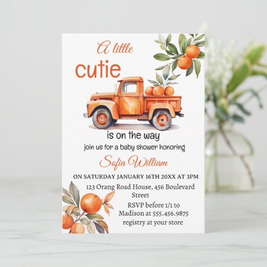 kleine cutie oranje truck citrus baby shower kaart (Staand voorkant)