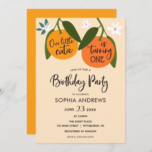 Kleine Cutie Oranje Verjaardagsuitnodiging Kaart (Voorkant / Achterkant)