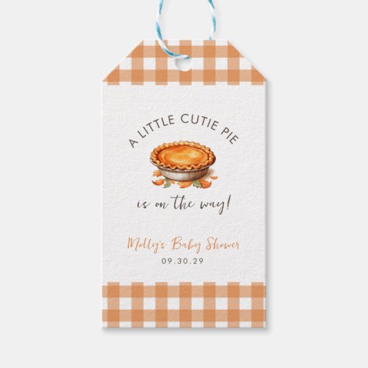 Kleine Cutie Pie Herfst Pompoen Gingham Baby showe Cadeaulabel (Voorkant)