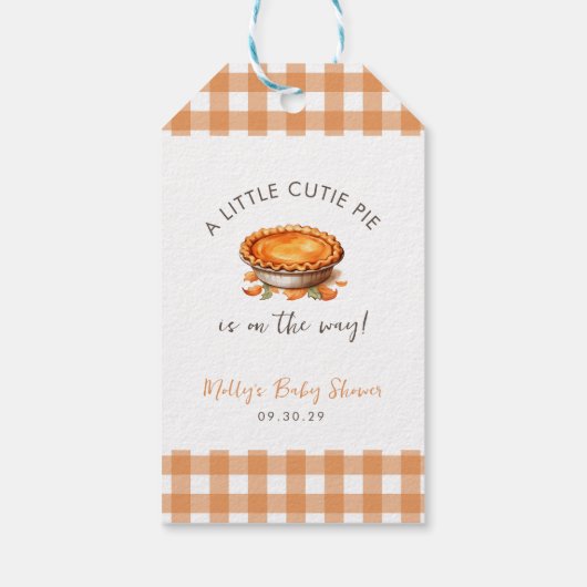 Kleine Cutie Pie Herfst Pompoen Gingham Baby showe Cadeaulabel (Achterkant)