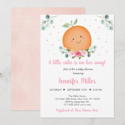 Kleine Cutie Pink Floral Girl Baby shower Kaart (Voorkant / Achterkant)