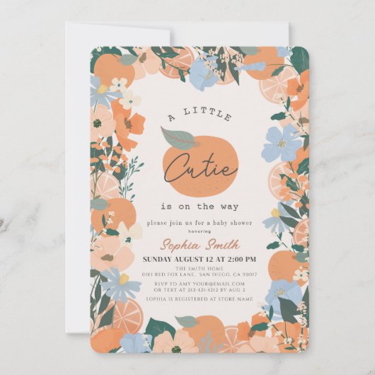 Kleine Cutie Sinaasappel Bloemen Baby shower Kaart (Voorkant)