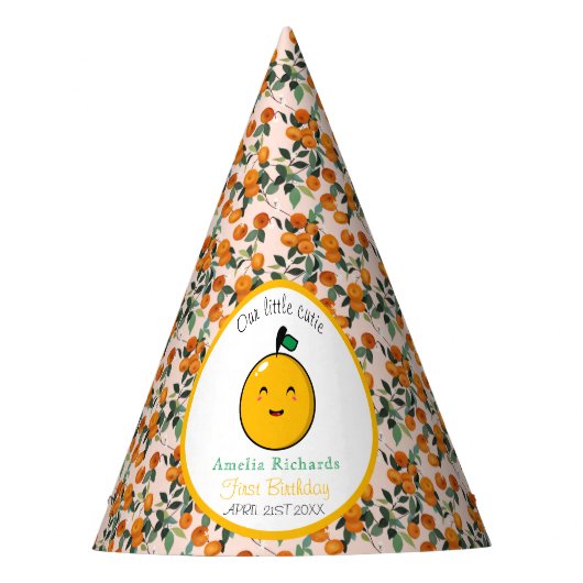 Kleine Cutie Sinaasappel Citrus 1e Verjaardag Feesthoedjes (Voorkant)