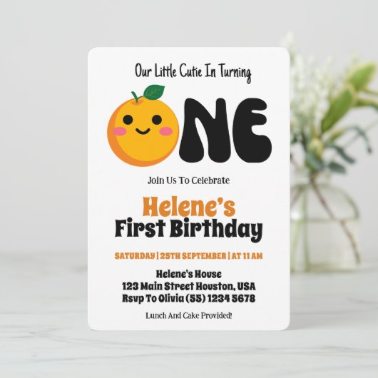 Kleine Cutie Sinaasappel Citrus 1e Verjaardag Kaart (Staand voorkant)