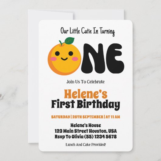 Kleine Cutie Sinaasappel Citrus 1e Verjaardag Kaart (Voorkant)