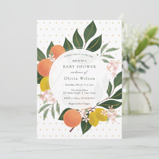 Kleine Cutie Sinaasappel en groen Baby shower Kaart (Staand voorkant)