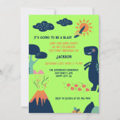 Kleine Dinosaur Vulkaan Groen Blauw 1e Verjaardag Kaart (Voorkant)