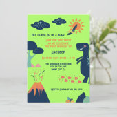 Kleine Dinosaur Vulkaan Groen Blauw 1e Verjaardag Kaart (Staand voorkant)