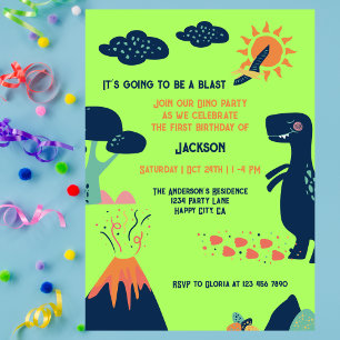 Kleine Dinosaur Vulkaan Groen Blauw 1e Verjaardag Kaart