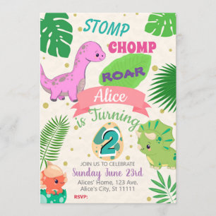 KLEINE DINOSAURS GIRL 2E BIRTHDAY INVITATIE KAART