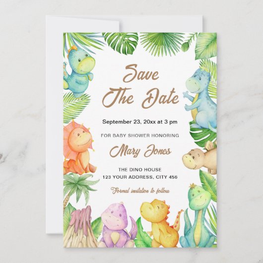 Kleine dinosaurus Baby shower bewaar de datum Kaart (Voorkant)