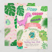 KLEINE DINOSAURUSSEN MEISJE 2E VERJAARDAG UITNODIG KAART (Voorkant / Achterkant)