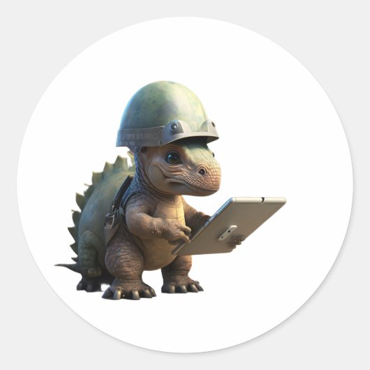 Kleine dinosaurussoldaat met helm en holdi ronde sticker (Voorkant)