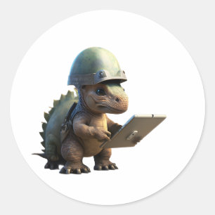 Kleine dinosaurussoldaat met helm en holdi ronde sticker