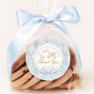 Kleine domme gans blauwe babyshower bedankt ronde sticker
