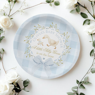Kleine Domme Gans Blauwe Gingham Baby Shower Papieren Bordje