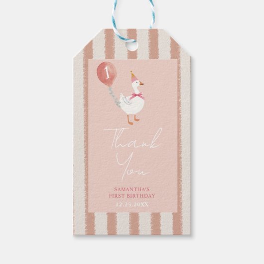 Kleine domme gans roze ballon verjaardag bedankt cadeaulabel (Voorkant)