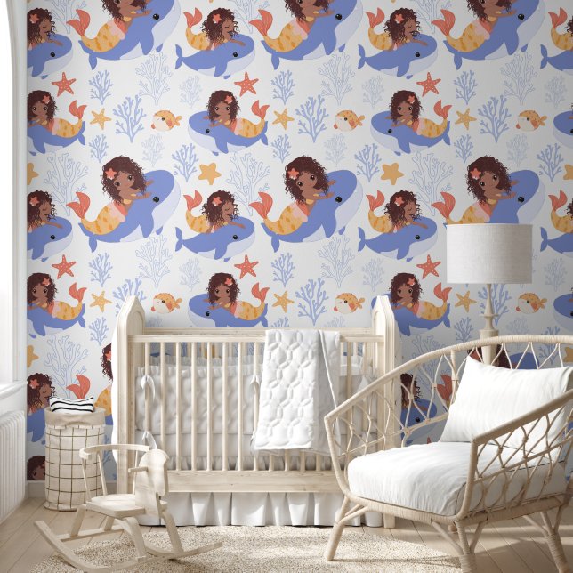 Kleine donkere meisje zeemeermin walvis behang (Kinderen)