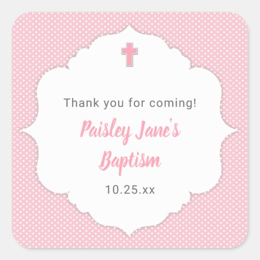 Kleine doop gunst sticker, roze stip vierkante sticker (Voorkant)