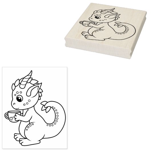 Kleine draak met een bekerpagina bevestigen rubberstempel (Gestempeld)