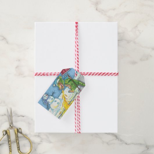 KLEINE DRAAK SMELTEN & SHOVELING SNEEUW, GRAPPIG S CADEAULABEL (Met Touw)