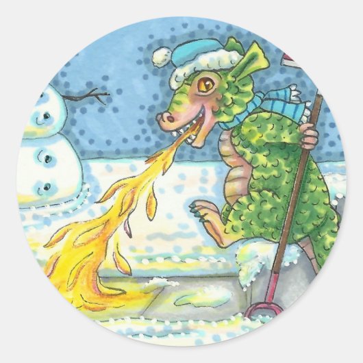 KLEINE DRAAK SMELTEN & SHOVELING SNEEUW, GRAPPIG S RONDE STICKER (Voorkant)