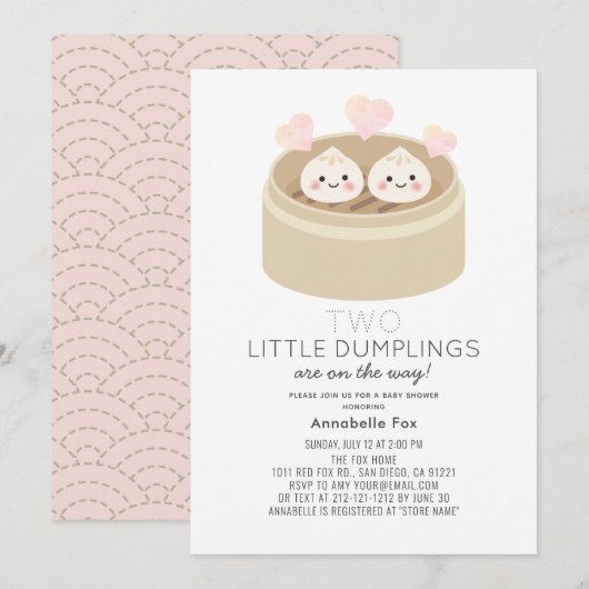 Kleine Dumpling Meisje Twins Baby shower Invitatio Kaart (Voorkant / Achterkant)