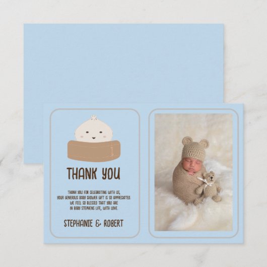 Kleine Dumpling Op De Weg Blauw Baby shower Foto Bedankkaart (Voorkant / Achterkant)